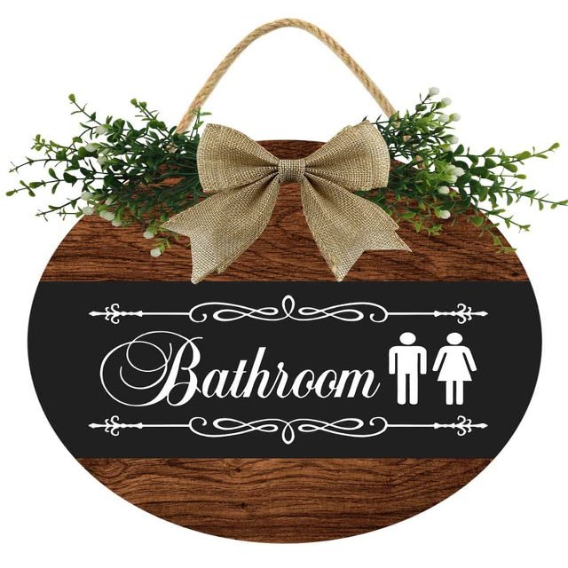 KPSheng Bathroom Sign Door Front Decor For Wall Decor, Handmade Bathroom Sign Home Wooden Sign, Round Wood Wreath Wall Hanging Outdoor Farmhouse 11In
