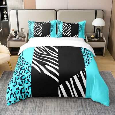 100% Cotton Leopard Print Duvet Cover Queen Teal Blue Zebra Wildlife Skin Print Bedding Set for Teens Adults Watercolor Stripes Western Jungle Style Comforter Cover with 2 Pillowcases(No Comforter)