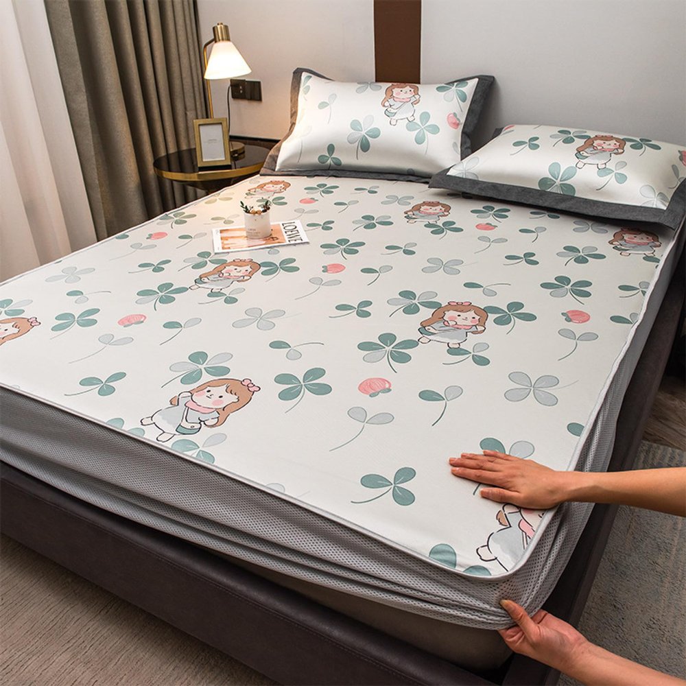 FCLDESHOP Elastic All Around Fitted Sheet,Summer Ice Silk Print Cool Fitted Sheets,Bedroom Hotel Solid Color Deep Pocket Mattress Protector Pillowcase,Garden,150 * 200cm (1pcs)