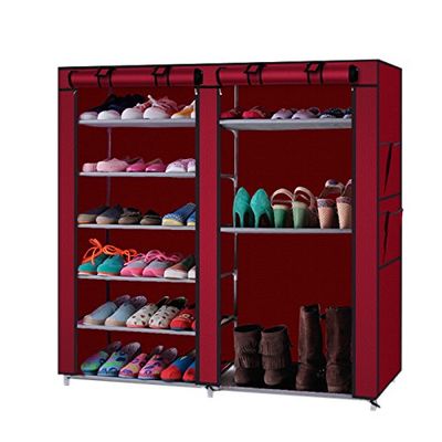 6-Row 2-Line 12 Lattices Non-Woven Fabric Shoe Rack Wine Red