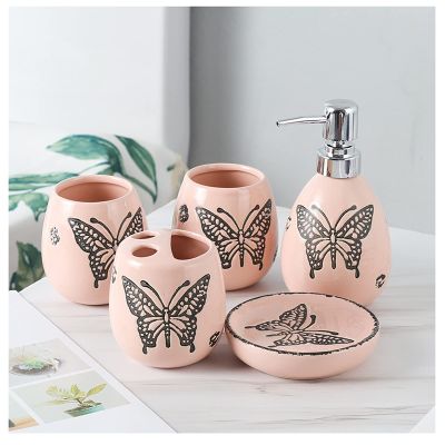 Soap Dispenser for Bathroom Bathroom Toilet Set Ceramic 5-Piece Set Couple Water Cup Set Blue and Pink Bathroom Accessories Set Soap Dispenser Bottles Dispenser (Pink)