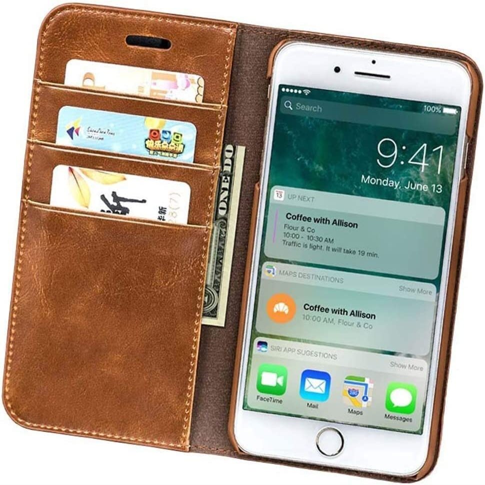 KAVJU Magnetic Adsorption Clamshell Phone Cover, Half Pack Shockproof Protection Case with Card Slots and Cash Slots for Apple iPhone SE 2Nd 4.7 Inch Brown