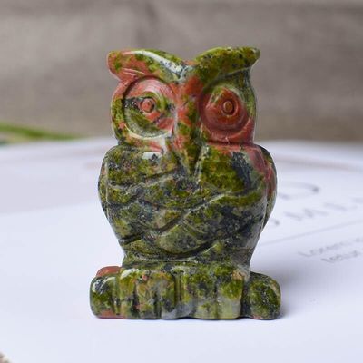AtkitS 1PC Natural Crystal Carved Owl Rose Quartz Tigers Eye Animals Reiki Home Decor Crafts Figurine Mineral Ornaments (Color : Unakite)