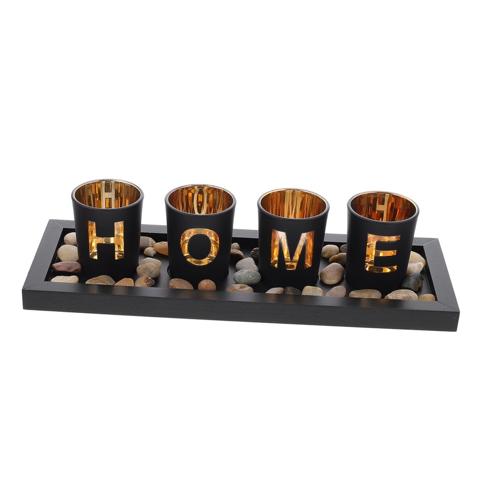 Letter Design Candle Holder Glass Cups with Storage Tray, Black