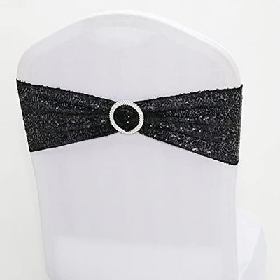 DOWNER Bows Chair Cover Sash,10pcsRose Gold Silver Spandex Sequin Chair Bow Sash Stretch Glitter Chair Band with Round Buckle for Hotel Party Wedding-Red,10 pcs (Color : Black, Size : 10 pcs)