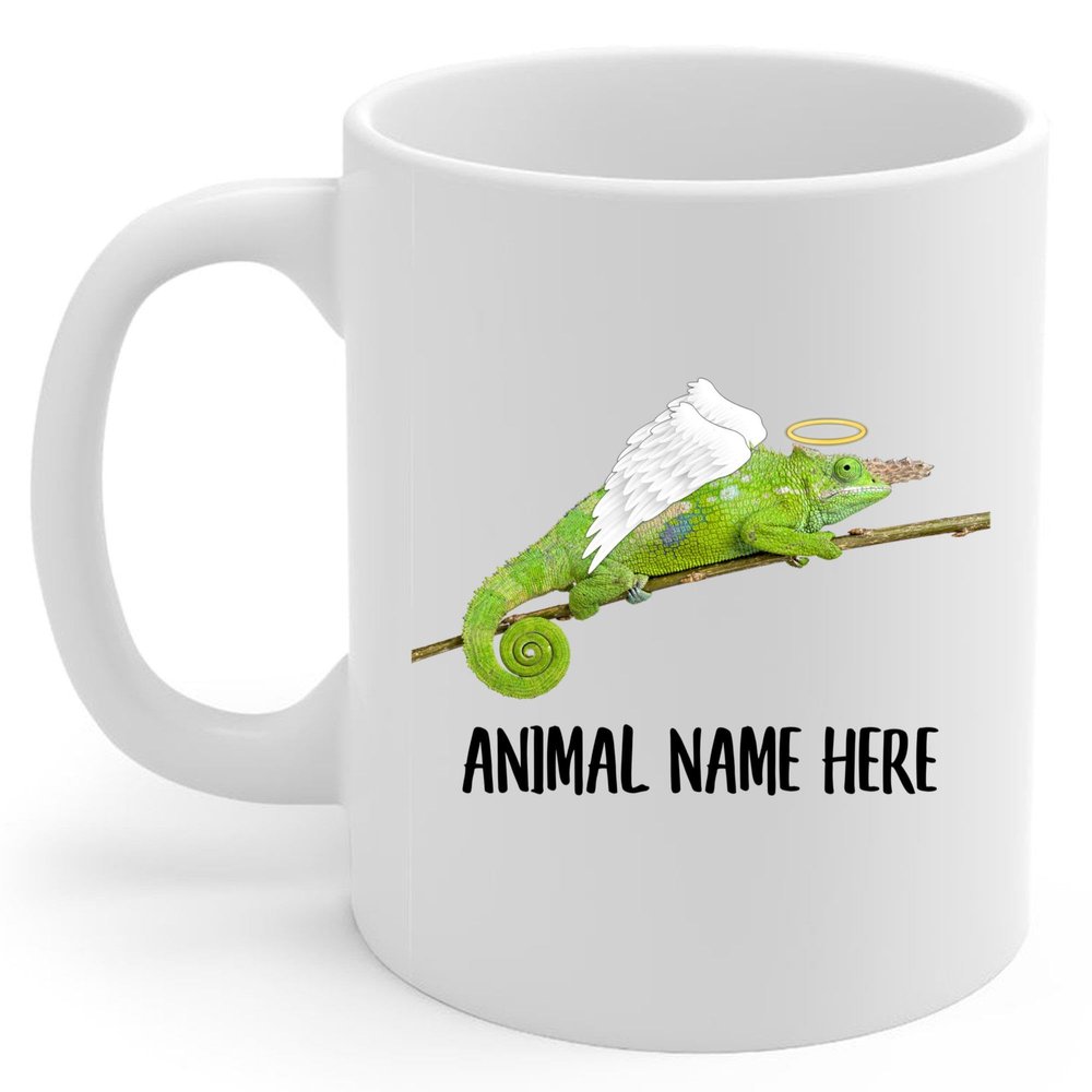 Personalized Green Fischer's Chameleon Angel Wings Memorial Coffee Mug - Sympathy Gifts for Animal Lovers White Cup 11 oz