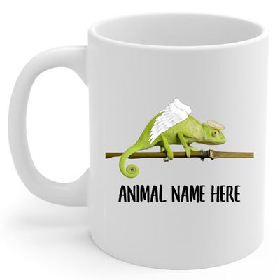 Personalized Green Senegal Chameleon Angel Wings Memorial Coffee Mug - Sympathy Gifts for Animal Lovers White Cup 11 oz