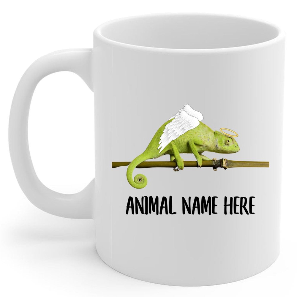 Personalized Green Senegal Chameleon Angel Wings Memorial Coffee Mug - Sympathy Gifts for Animal Lovers White Cup 11 oz