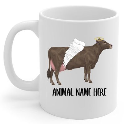 Personalized Brown Swiss Cow Cattle Angel Wings Memorial Coffee Mug - Sympathy Gifts for Animal Lovers White Cup 11 oz