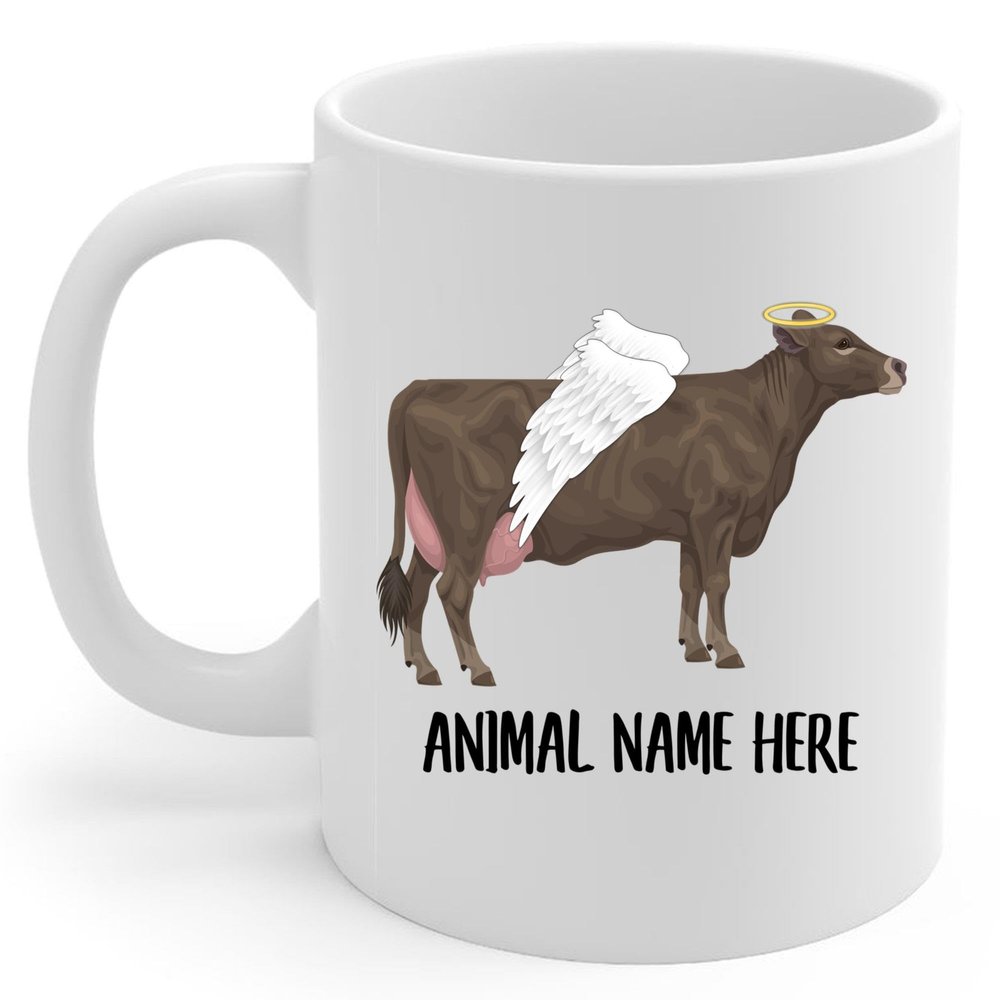 Personalized Brown Swiss Cow Cattle Angel Wings Memorial Coffee Mug - Sympathy Gifts for Animal Lovers White Cup 11 oz