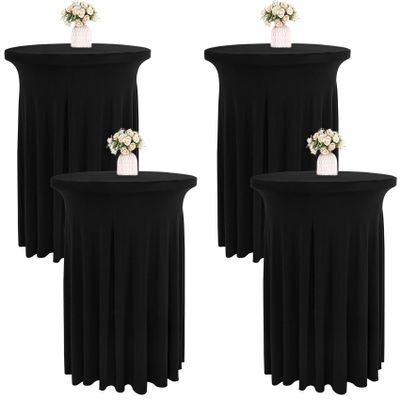 JALANCY 4 Packs 32 x 43 Inch Spandex Round Cocktail Table Skirts with Wavy Drapes Stretch Cocktail Tablecloth Fitted High Top Tables for Wedding Bar Party Banquet (Black)