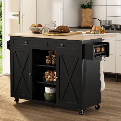 HLR Kitchen Island On Wheels, Black Rolling Kitchen Island Cart with Drop Leaf Countertop, Barn Door Kitchen Islands Table with Storage Cabinet and Tower Rack, Island Table for Kitchen