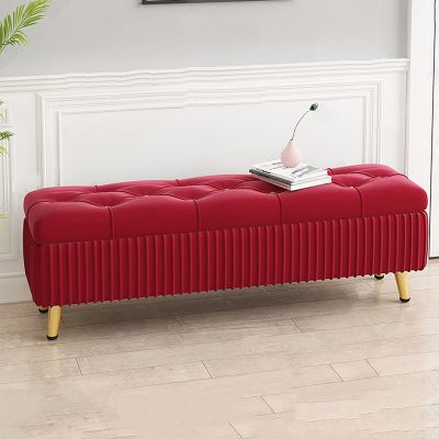 TBTBGXQ Velvet Upholstered Storage Ottoman, Rectangular Ottoman with Tufted Top & Button Accents, Red, 100x40x45cm (39x16x18inch)