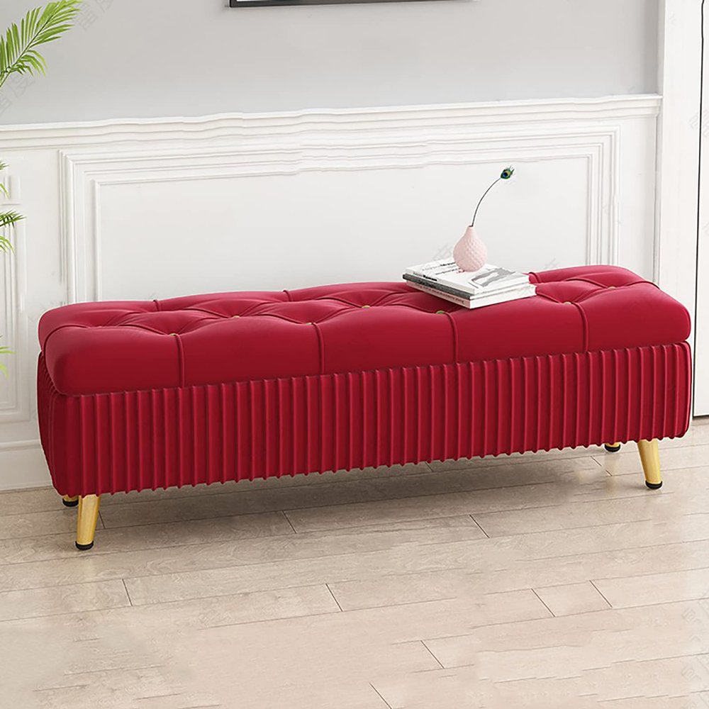 TBTBGXQ Velvet Upholstered Storage Ottoman, Rectangular Ottoman with Tufted Top & Button Accents, Red, 100x40x45cm (39x16x18inch)