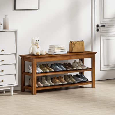 Bamworld Shoe Bench 3 Tier Bamboo Entryway Storage Benches Rustic Solid Wood Shoe Rack (R-Brown,39.4"), 3T100