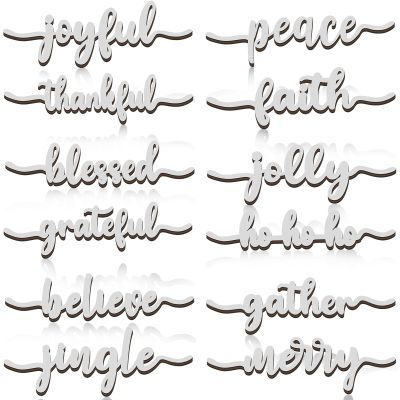 12 Pieces Christmas Word Wood Cutout Joyful Merry Thankful Grateful Blessed Peace Gather Word Sign Christmas Plate Cutout Rustic Merry Signs for Home Table Plate Decoration, Silver