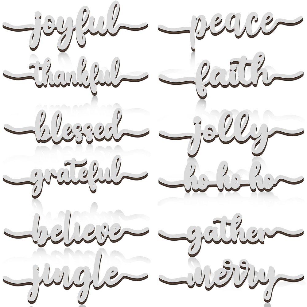 12 Pieces Christmas Word Wood Cutout Joyful Merry Thankful Grateful Blessed Peace Gather Word Sign Christmas Plate Cutout Rustic Merry Signs for Home Table Plate Decoration, Silver