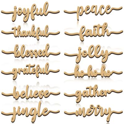 12 Pieces Christmas Word Wood Cutout Joyful Merry Thankful Grateful Blessed Peace Gather Word Sign Christmas Plate Cutout Rustic Merry Signs for Home Table Plate Decoration, Cute Style