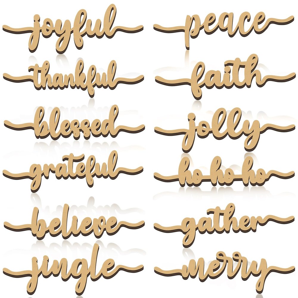 12 Pieces Christmas Word Wood Cutout Joyful Merry Thankful Grateful Blessed Peace Gather Word Sign Christmas Plate Cutout Rustic Merry Signs for Home Table Plate Decoration, Cute Style