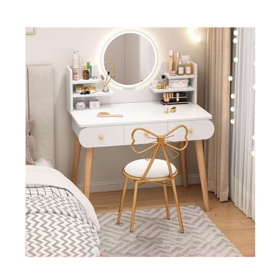 JATIBOSH Makeup Vanity with Lighted Mirror, Makeup Table Vanity Set with 3 Lighting Colors, Brightness Adjustable, Multiple Drawers & Cushioned Stool for Bedroom