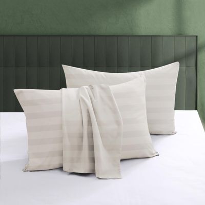 100% Egyptian Cotton Pillow Protectors Set of 2, 600 Thread Count Bed Pillow Cases with Zipper, Sateen Weave Cooling Pillow Cases Quiet and Breathable Easy Care (2PCS, King, Striped Light Beige)
