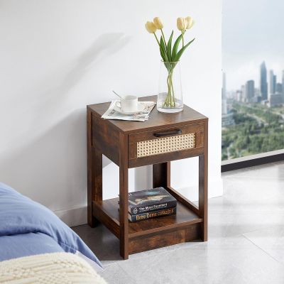 15.75" Rattan End Table, Modern Side Table with 1 Drawer, Accent Table Nightstand with Metal Handle, Small Sofa Table for Living Room, Bedroom, Balcony, Practical Home Decor, Rustic Brown