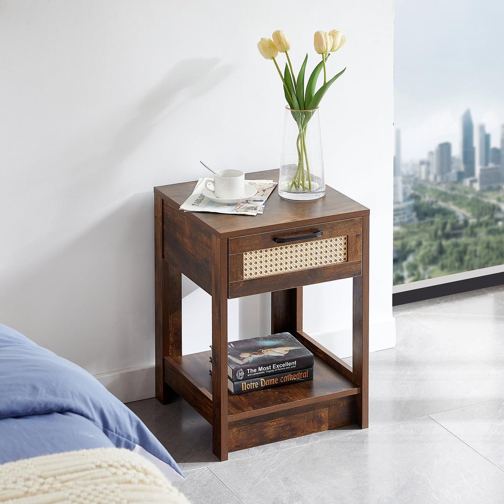 15.75" Rattan End Table, Modern Side Table with 1 Drawer, Accent Table Nightstand with Metal Handle, Small Sofa Table for Living Room, Bedroom, Balcony, Practical Home Decor, Rustic Brown