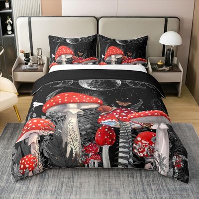 King Size 3 Pcs Red Mushroom Duvet Cover 100% Cotton Sun Moon Exotic Starry Galaxy Bedding Set for Kids Teens Adults Wild Botanical Burgundy Plants Comforter Cover with 2 Pillowcases(No Comforter)