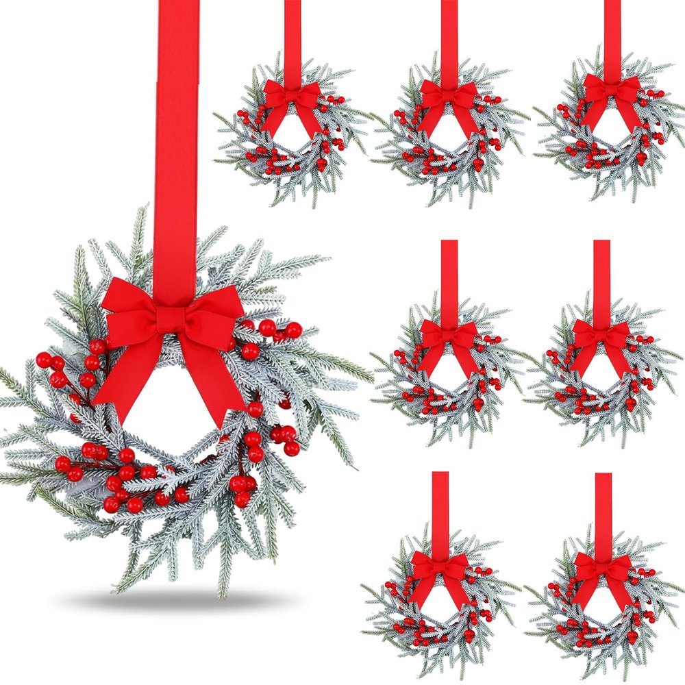 Giegxin 8 Pcs Vintage Small Christmas Wreath for Cabinet Mini Kitchen Wreath with Red Berry Realistic Norfolk Farmhouse Decoration for Xmas Window Indoor Chair Fireplace Porch Candle Decor (No Bows)