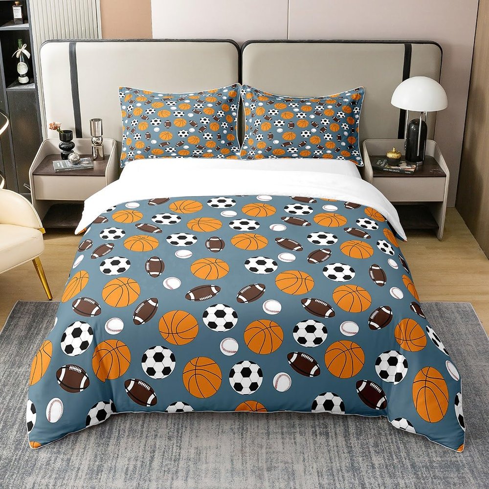 Kids Football Duvet Cover 100% Cotton Basketball American Football Bedding 100% Cotton Set for Women Men Bedroom Baseball Ball Pattern Decor Sports Theme Duvet Set Blue Twin Zipper with 1 Pillow Case
