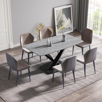63" Modern Dining Table for 4-6 Seat, Curved Kitchen Table with Gray Marble Sintered Stone Table Top Dining Room Table with Pink X-Shaped Metal Legs for Living Room Resterant Office(Table Only)