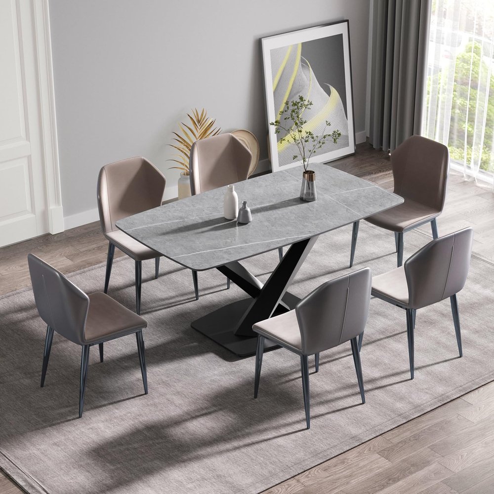 63" Modern Dining Table for 4-6 Seat, Curved Kitchen Table with Gray Marble Sintered Stone Table Top Dining Room Table with Pink X-Shaped Metal Legs for Living Room Resterant Office(Table Only)
