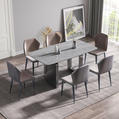 63in Boat Shaped Dining Table for 4-6 Seat, Modern Kitchen Table with Gray Sintered Stone Table Top Dining Room Table with Black Metal Base for Restaurant Living Room Office(Not Including Chairs)