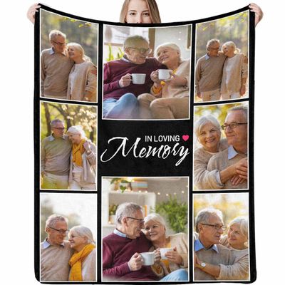 Custom Photo Memorial Blanket Gift for Loss of Loved Ones Family Friend in Loving Memory Pink Heart 8 Photos Condolence Bereavement Gift Fleece Blanket with Pictures for Bed 50x60