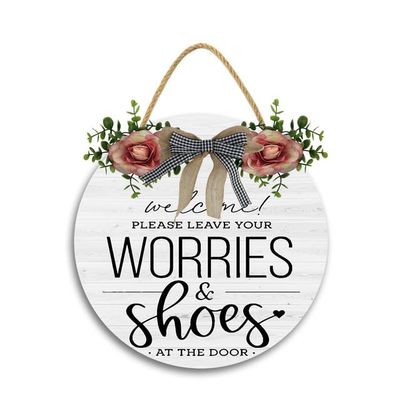 11x11In Welcome Sign For Front Door,Leave Shoes & Worries at the Door Hanging Sign,Hanging Wooden Home Sign Rustic Wall Decor,Shoes Off Sign Wooden Decor Front Porch Entry Way Decor Gift