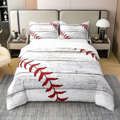 Baseball Pattern Bedding 100% Cotton Set for Children Sports Theme Duvet Cover 100% Cotton 3D Ball Pattern Room Decor Baseball Games Duvet Set Athlete Competitive King Size Zipper Quilt Cover