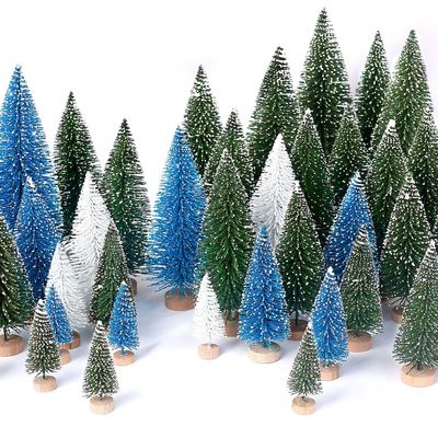 30Pcs Mini Christmas Trees Artificial Christmas Tree Bottle Brush Trees with Wooden Base for Christmas Decor Christmas Party Home Table Craft Decorations(Green+Blue+White)