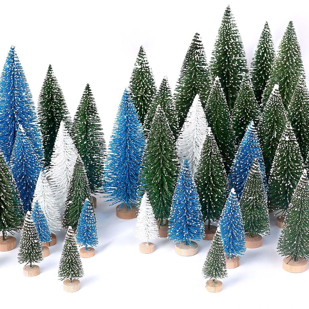 30Pcs Mini Christmas Trees Artificial Christmas Tree Bottle Brush Trees with Wooden Base for Christmas Decor Christmas Party Home Table Craft Decorations(Green+Blue+White)