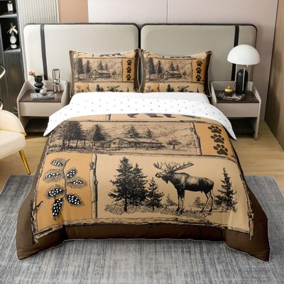 jejeloiu Bear Bedding 100% Cotton Set Rustic Farmhouse Cabin Moose Duvet Cover 100% Cotton Retro Wildlife Cover for Children Bedroom Decor Vintage Bear Paw Duvet Set King Size Zipper with Pillow Case