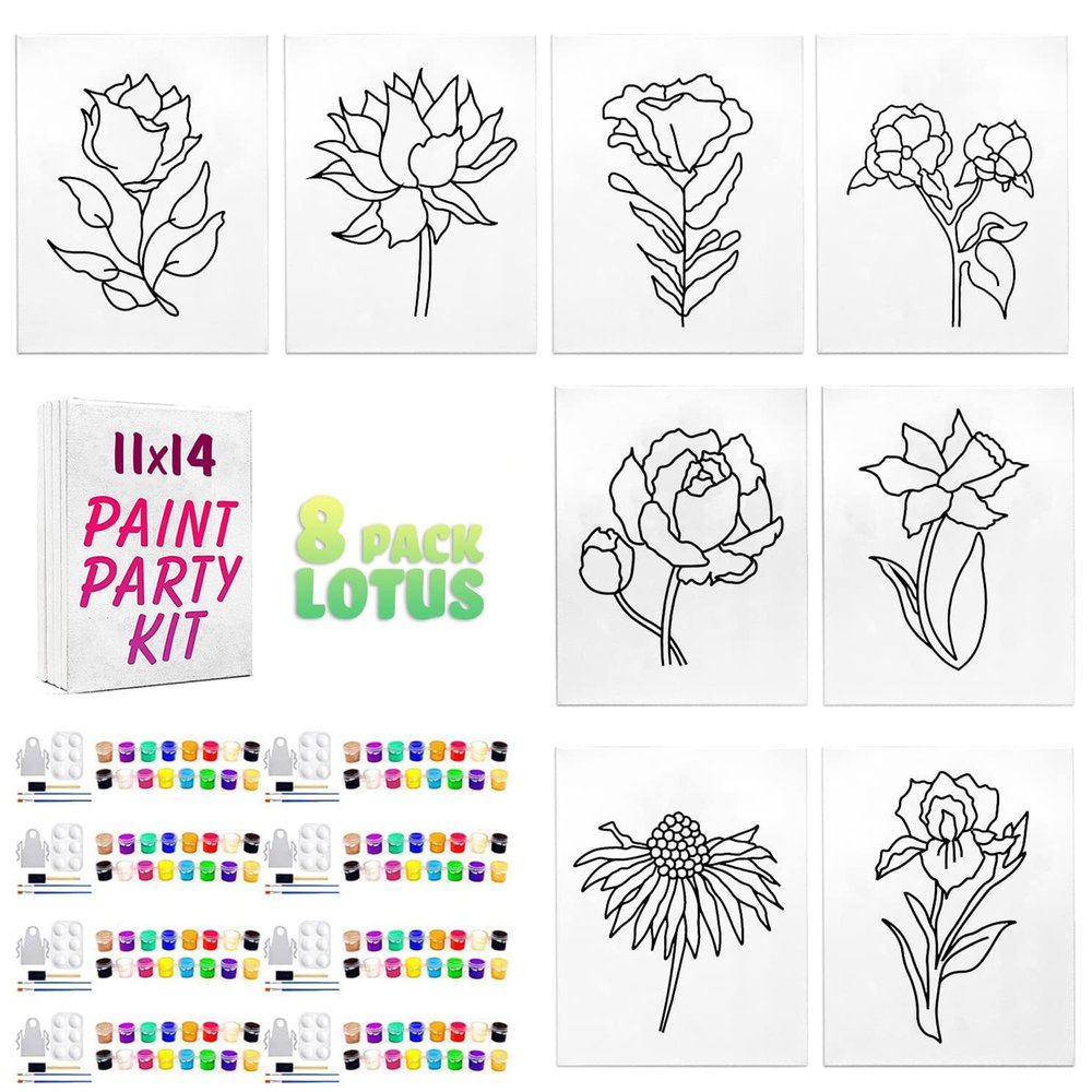 4 Pack Canvas Painting | Pre Drawn Stretched Cotton Canvas | Birthday Gift | Adult Sip and Paint Party Favor | Afro Queen and Flower LotusParty Kits (11x14 Paint Kit, 4 Pack Lotus#2)