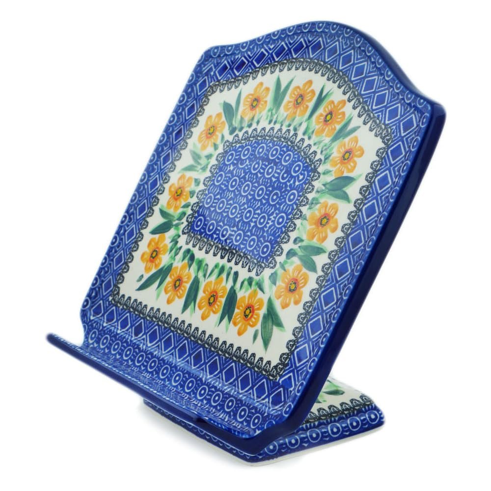 Polmedia Polish Pottery Book Stand UNIKAT - Yellow Daffodil Field Pattern Handmade in Boleslawiec Poland by Ceramika Artystyczna + Certificate of Authenticity
