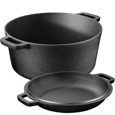 Navaris Cast Iron Casserole Dish Pot 5QT / 10.2" (4.7L / 26cm) - Dutch Oven for Bread Making - Pre-Seasoned Cast Iron Pot with Lid Usable as Frying Pan