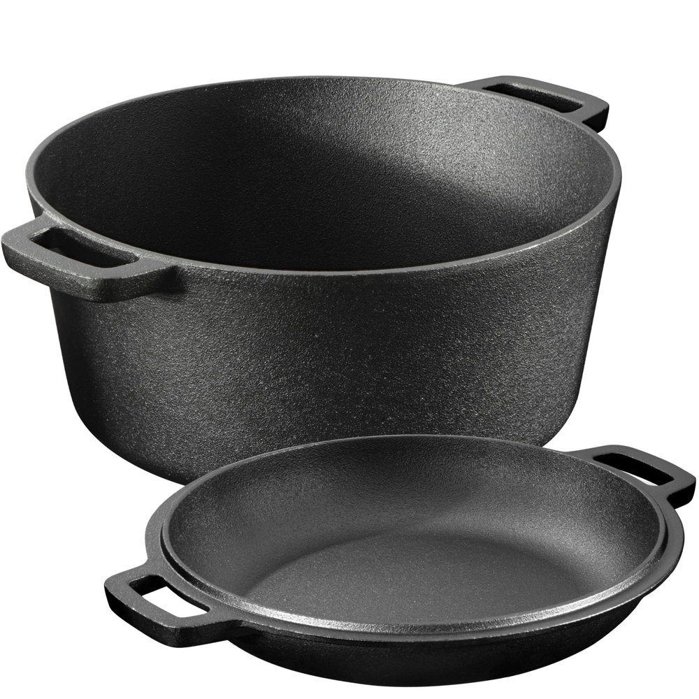 Navaris Cast Iron Casserole Dish Pot 5QT / 10.2" (4.7L / 26cm) - Dutch Oven for Bread Making - Pre-Seasoned Cast Iron Pot with Lid Usable as Frying Pan