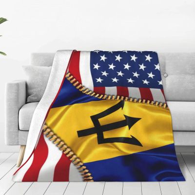 American Flag and Barbados Flag Throw Blanket Lightweight Flannel Fleece Blankets Warm and Cozy Throws for Winter Bedding and Couch 50"X40" Inches
