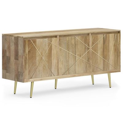 SIMPLIHOME Jager Buffet - 60 inch Wide Solid Mango Wood 4-Door Sideboard Buffet in Natural, Mid-Century Contemporary Storage Cabinet for Dining Room or Kitchen with Metal Legs and Adjustable Shelves