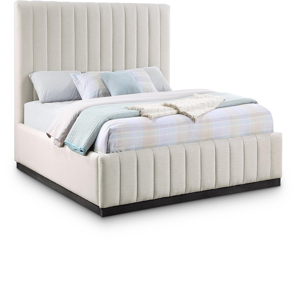 Meridian Furniture LuciaBeige-K Lucia Collection Modern | Contemporary King Bed with Rich Beige Linen Textured Fabric and Black Finish Solid Wood Base, 81.5" W x 87.5" D x 52" H, Beige, King