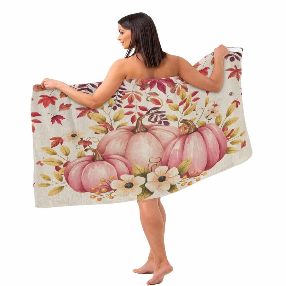 Carosoffe Thanksgiving Women's Towel Wrap, Lightweight Spa/Bath Wrap with Adjustable Closure, Fall Pink Orange Pumpkin Flower Watercolor Burlap Quick Dry Shower Wrap Towel for Bathroom, 31.5''x59''