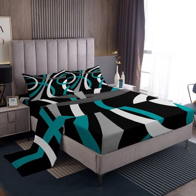 Feelyou Blue Black Gray Retro Circle Swirls Sheet Set Kids' Circle Stripes Abstract Sheets with Deep Pocket Fitted Sheet Queen Size Bed Set 4Pcs