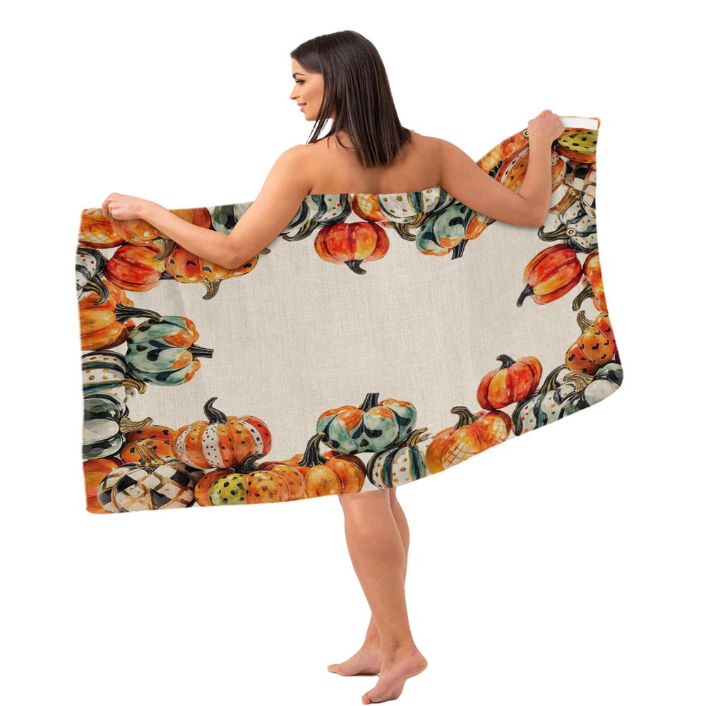 Carosoffe Thanksgiving Women's Towel Wrap, Lightweight Spa/Bath Wrap with Adjustable Closure, Polka Dot Plaid Paint Pumpkin Orange Green Burlap Quick Dry Shower Wrap Towel for Bathroom, 31.5''x59''