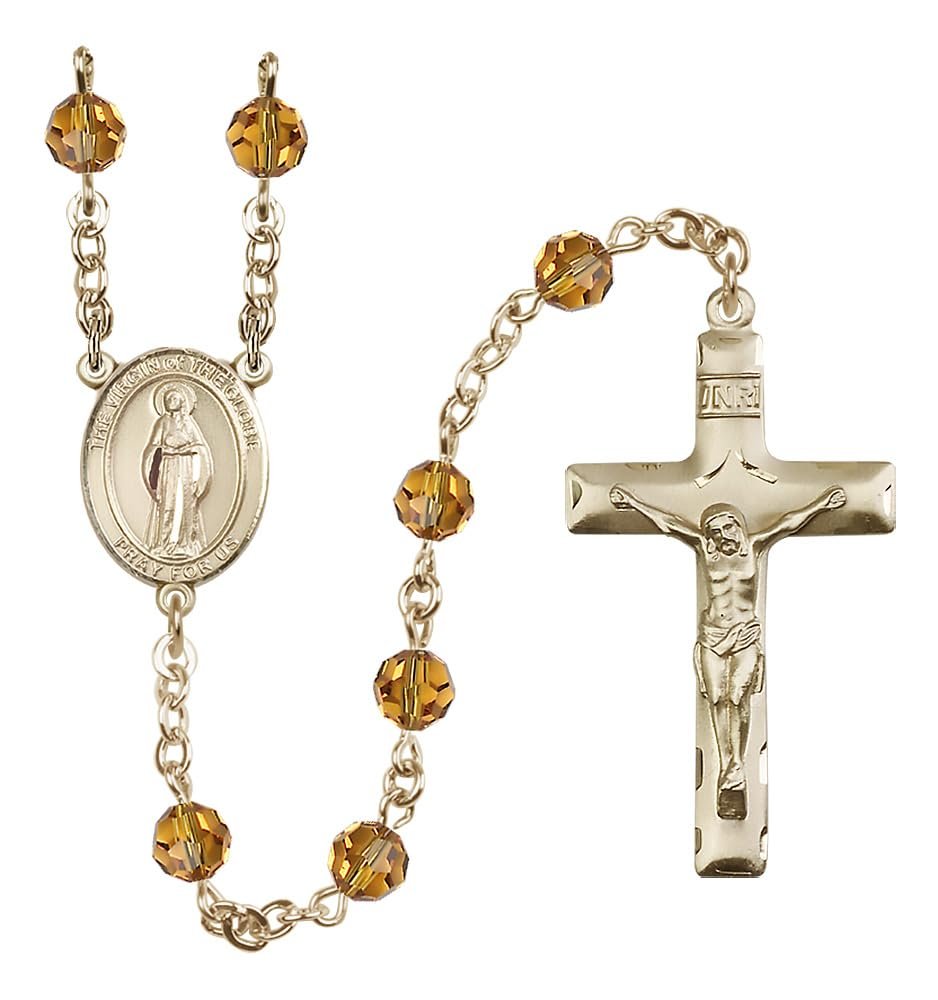 Bonyak Jewelry 14k Gold-Filled 6mm Austrian Crystal Virgin of the Globe Rosary in November Yellow